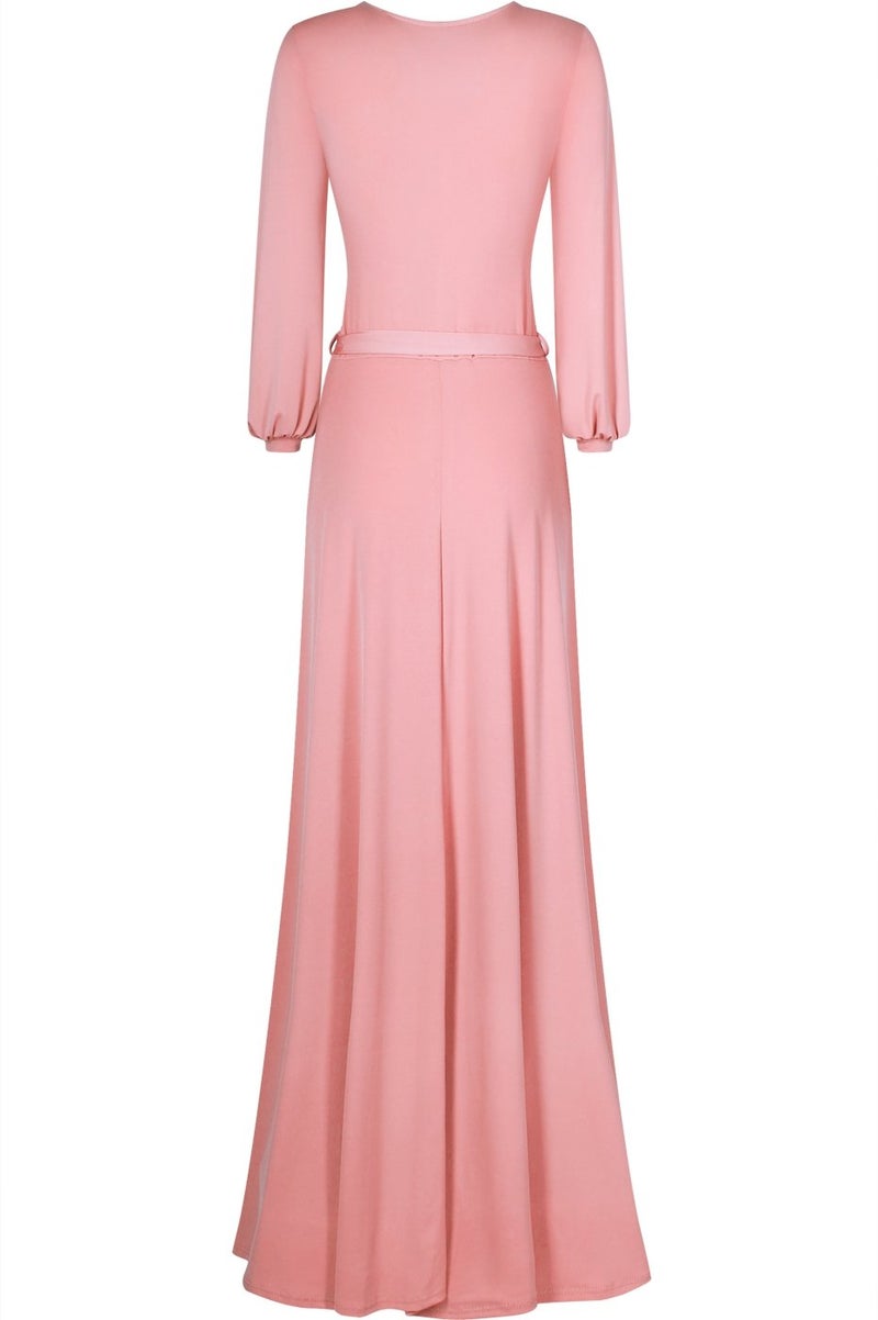 Bon Rosy Women's Solid Cuffed Long Sleeve Round Neck Maxi A-Line Dress Blush L - Image 2
